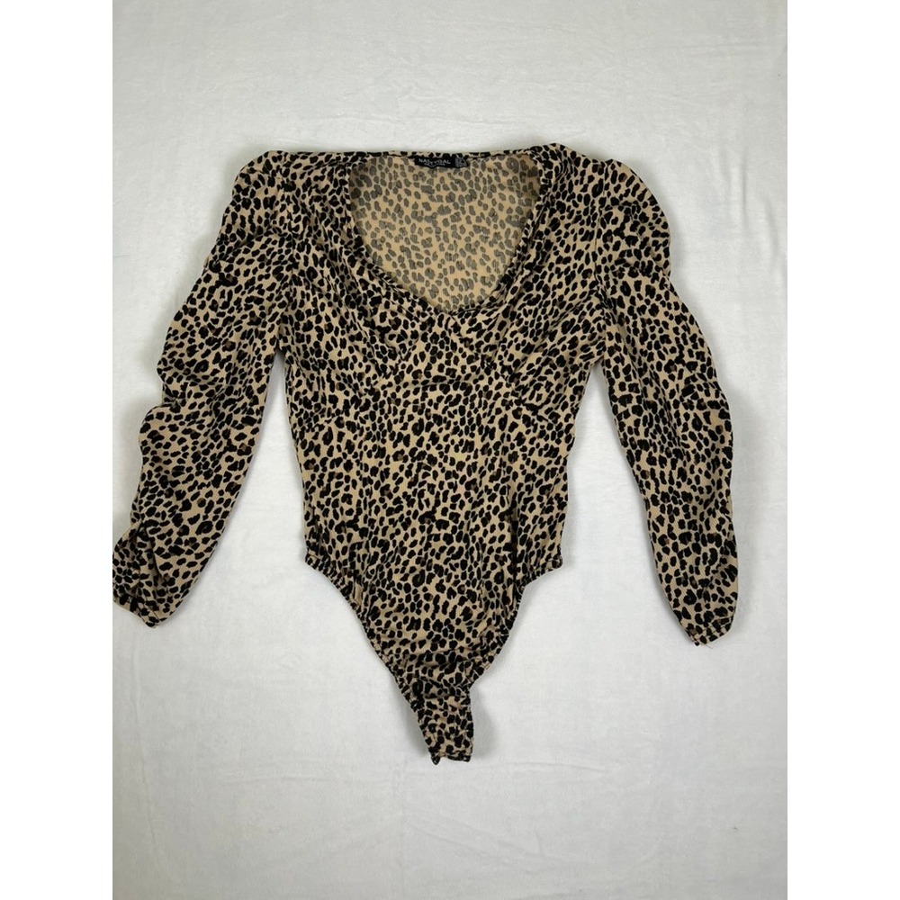 Nasty Gal Leopard Print Ribbed Long Sleeve Bodysuit Puff Shoulder V-Neck Brown 8